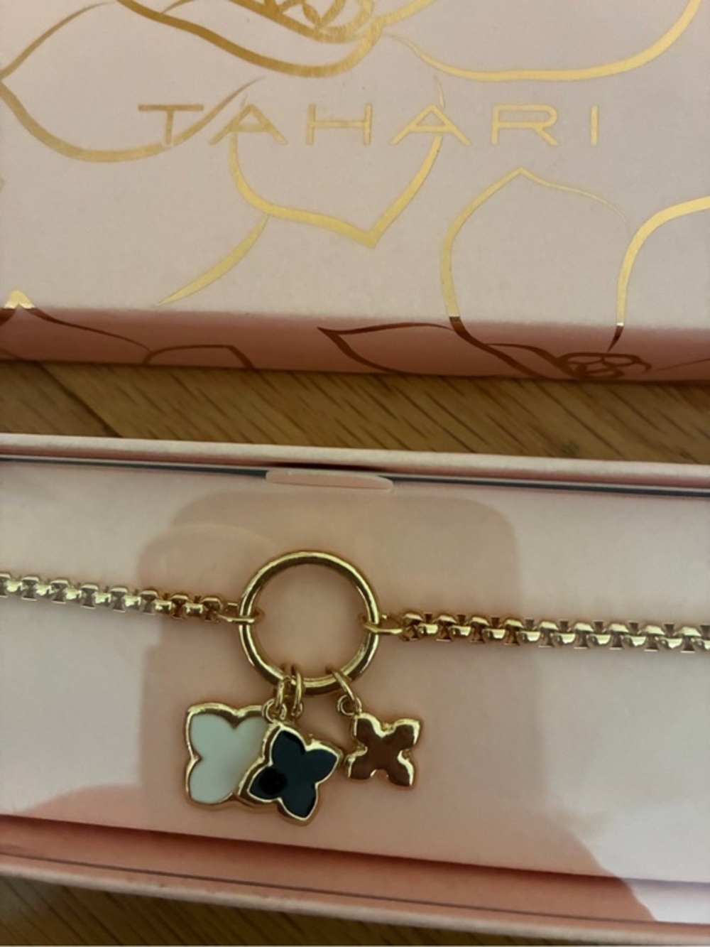 Tahari Gold-Tone Bracelet with 3 Clover Charms, Black, White and Gold. New